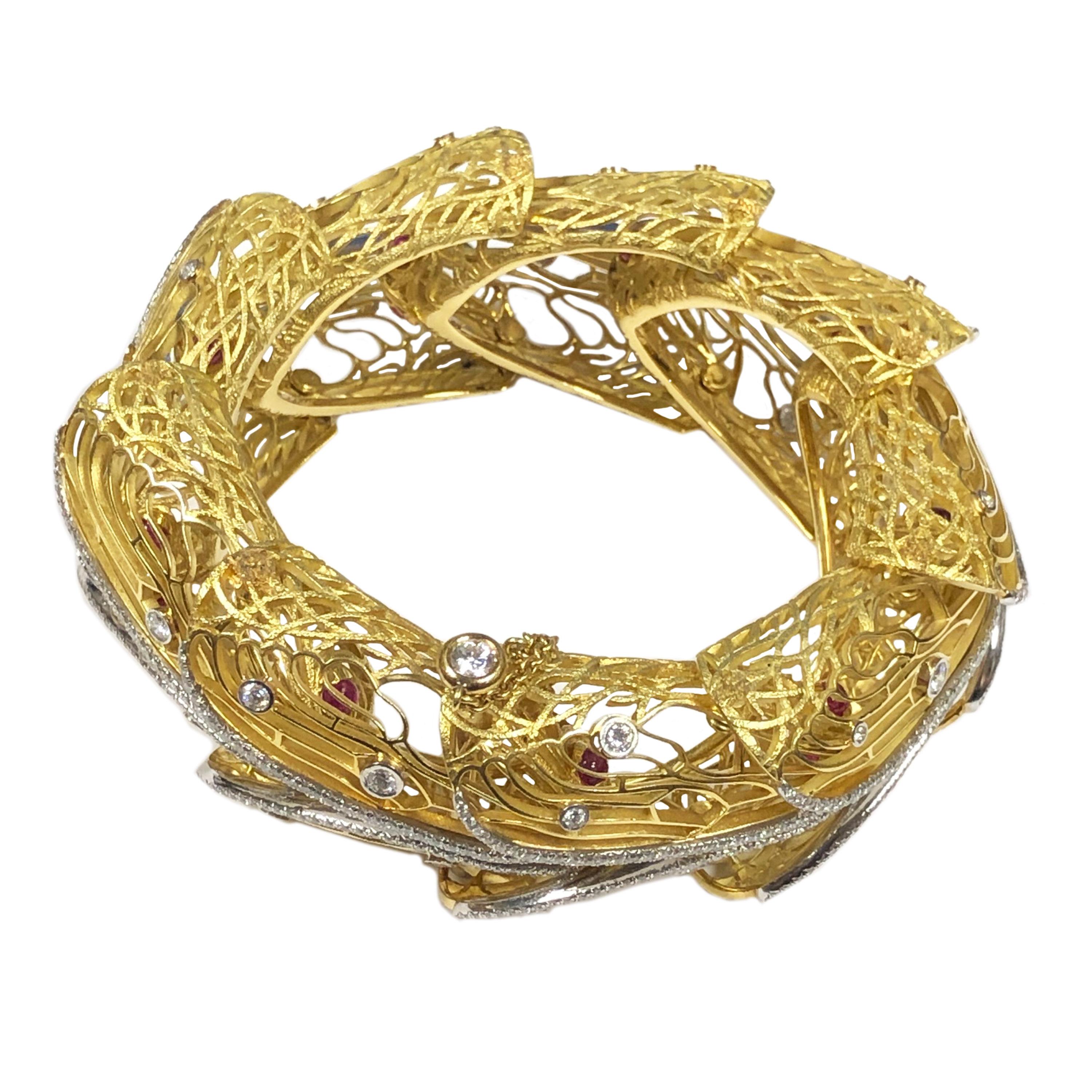 Circa 2008 Nicholas Varney Cicada Bracelet, the 18K Yellow Gold and Platinum amazing massive Bracelet is all hand fabricated with each individual section perfectly articulated for movement. Set with 8 to 9 carats of round brilliant cut Diamonds