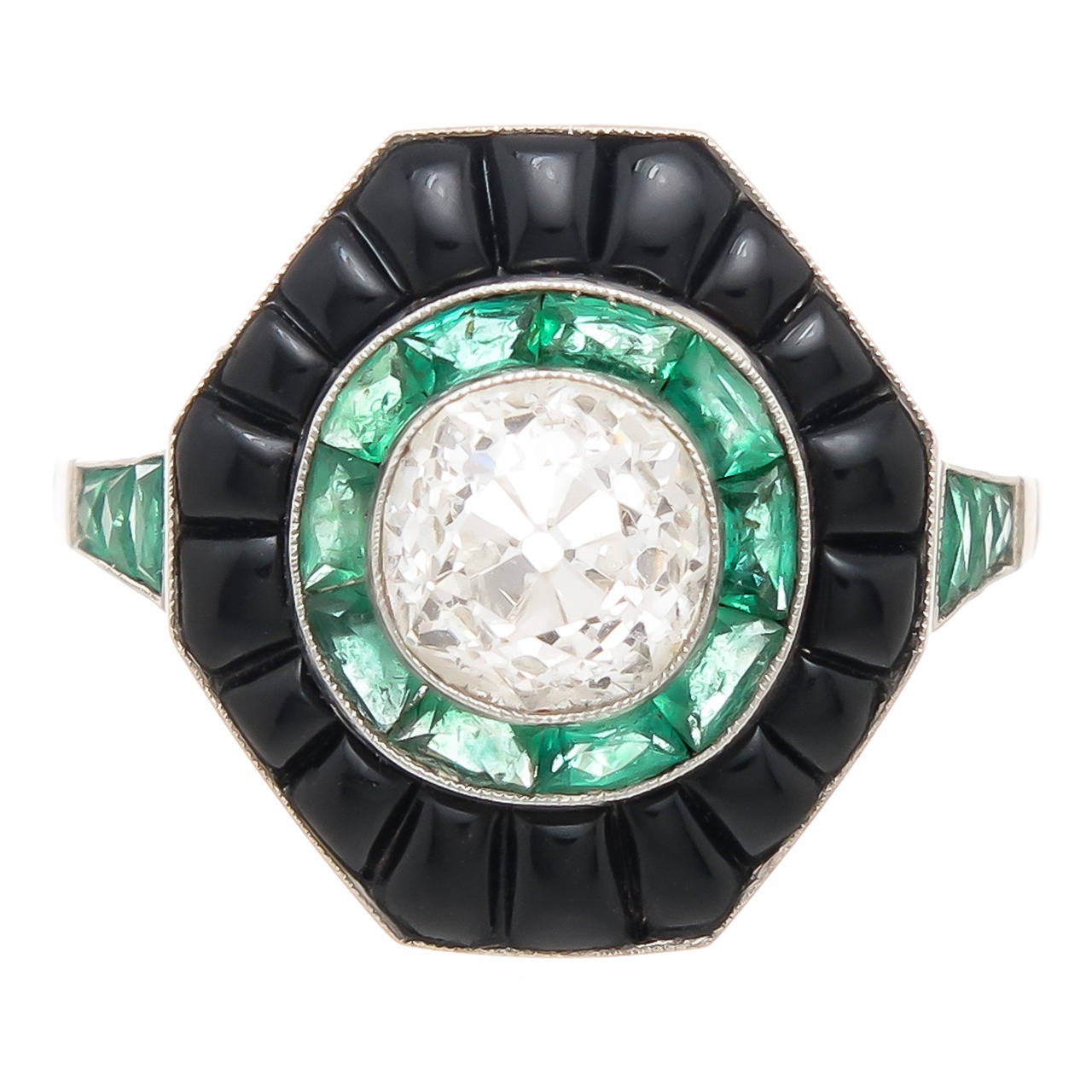 Cushion Cut Diamond Emerald Onyx Target Ring