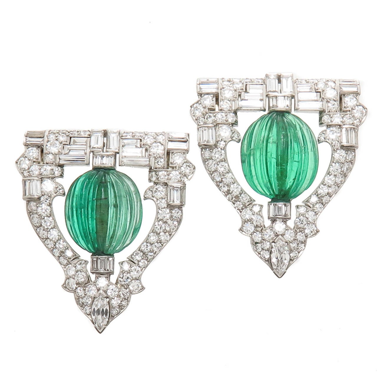 Art Deco Raymond Yard Emerald Diamond Platinum Dress Clips