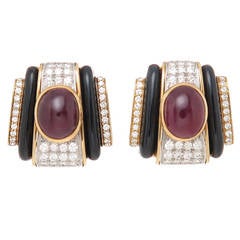 David Webb Cabochon Ruby Enamel Diamond Gold Earrings