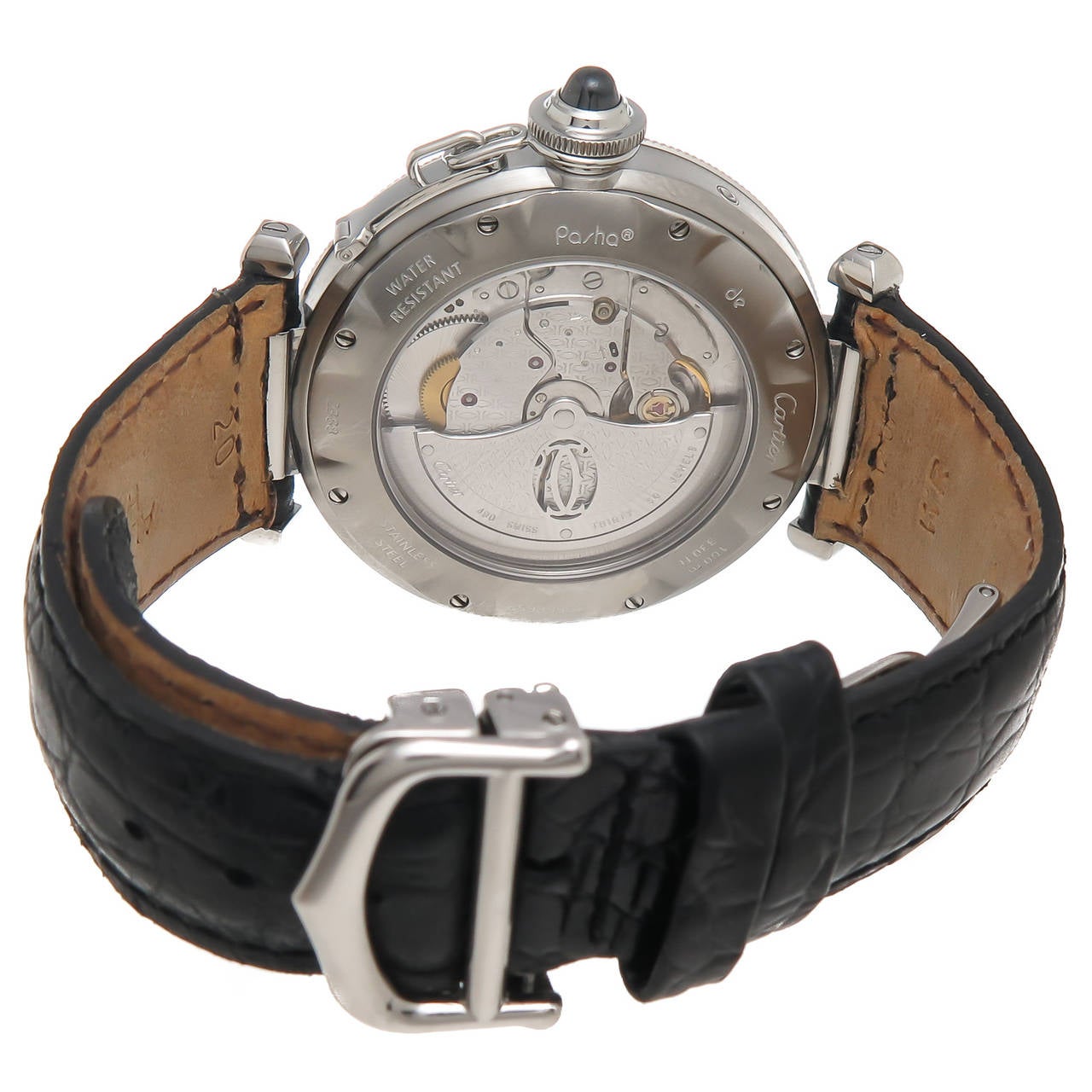 Circa 2005 Cartier Pasha GMT Ref. 2388, stainless steel 38 MM water resistant case with exhibition back. Automatic self winding movement. Black engine turned dial with duel time sub dial at 12 position and power reserve indicator at the 6 position,