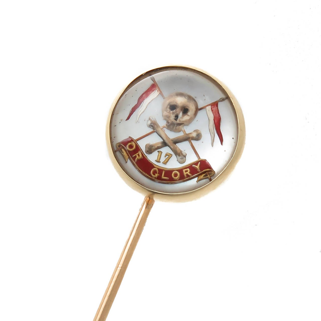 Circa 1910 18ct Yellow Gold and reverse painted Crystal stick pin featuring the Skull and Crossbones symbol for Death or Glory. Very Nicely Detailed, and having an 18ct Stamp making this possibly British in origin.  Crystal measures 12 MM in
