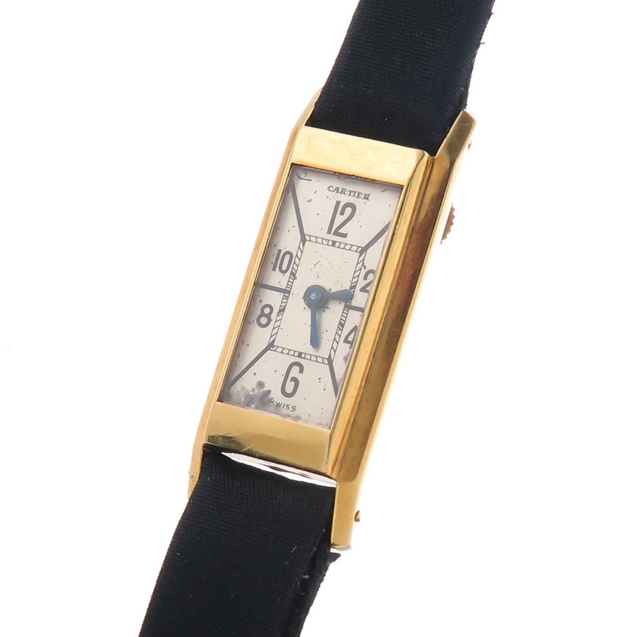 Circa late 1930s Cartier 18K Yellow Gold Back Wind Ladies Wrist Watch. Case Measuring 1 1/2 inch in length and 1/2 inch wide. Manual wind EWC, European Watch and Clock movement. Original Dial with some minor spotting. Case back having French Control