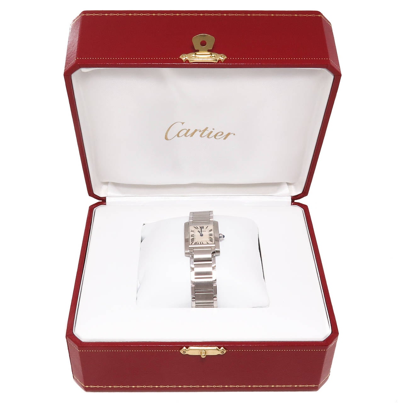 Circa 2014 Cartier Ladies Stainless Steel Tank Francaise Wrist Watch, 25 X 20 MM Water Resistant Case, Quartz Movement, Scratch Resistant Crystal, Sapphire Crown, White Dial with Black Roman Numerals. Steel Bracelet with Deployment fold over clasp.