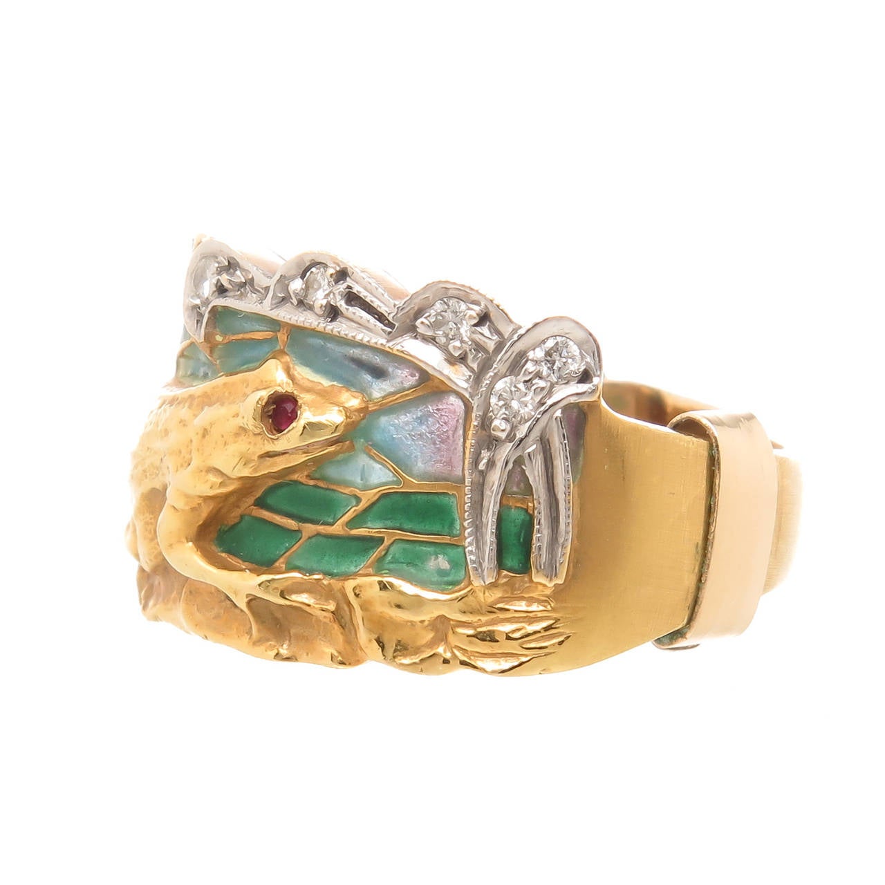 Circa 2005 18K Yellow Gold Diamonds and Plique-a-Jour Transparent Enamel Frog Ring very nicely detailed and very colorful. Measuring 1 inch across the top and 1/2 inch wide. Finger size = 8 1/2
