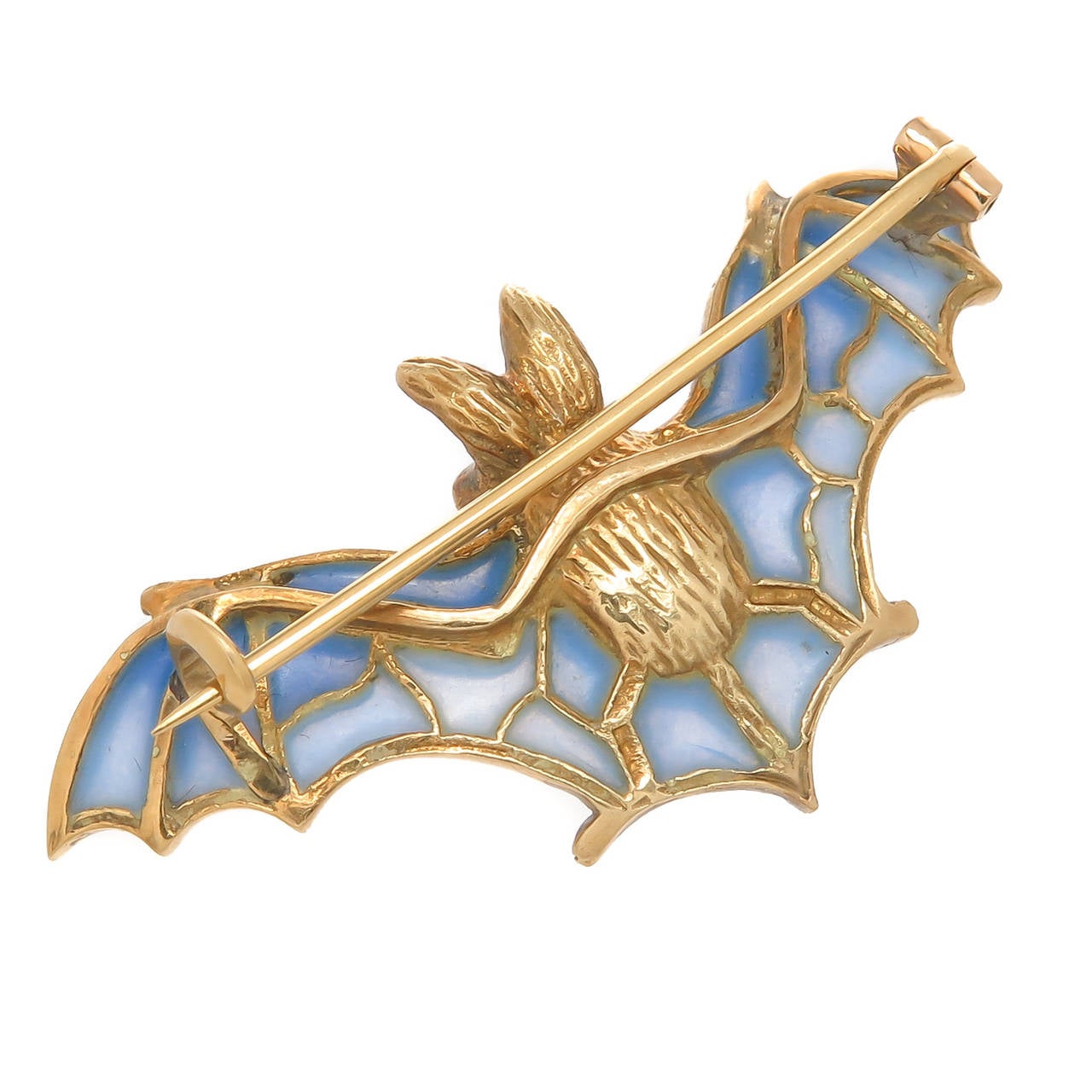 Finely Detailed Bat Brooch, 18K Yellow Gold Rose cut Diamonds and a Ruby Eye, wings finished in a light Blue Plique-A-Jour enamel. Measuring 1 5/8 inch in Length.
