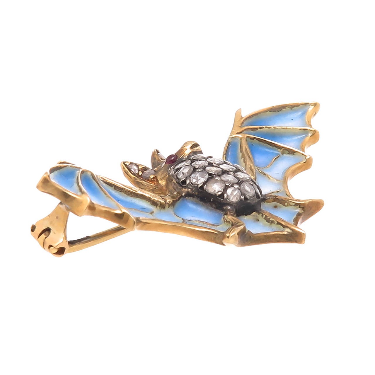 Plique-a-Jour Enamel Diamond Gold Bat Brooch In Excellent Condition In Chicago, IL