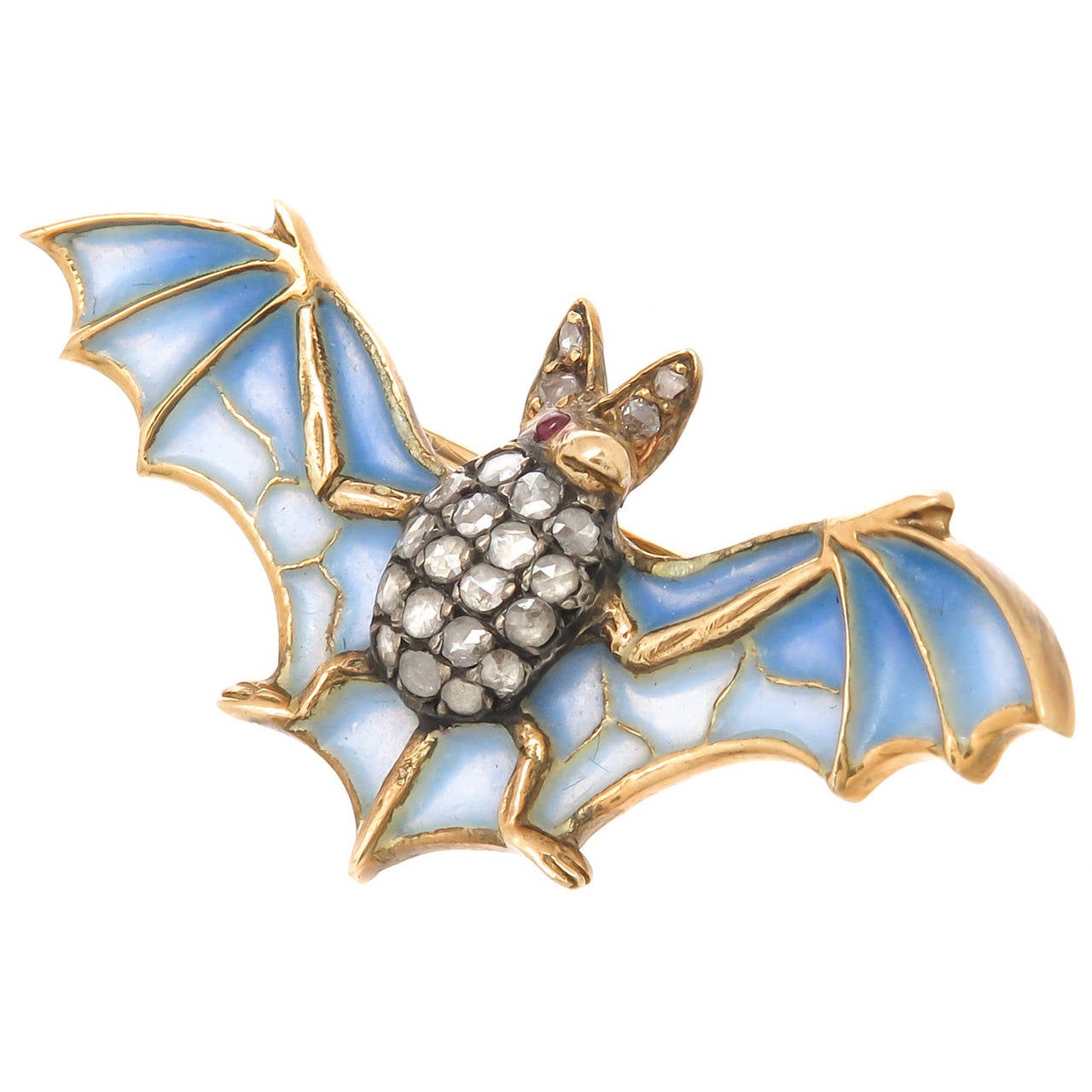 Plique-a-Jour Enamel Diamond Gold Bat Brooch