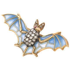 Retro Plique-a-Jour Enamel Diamond Gold Bat Brooch