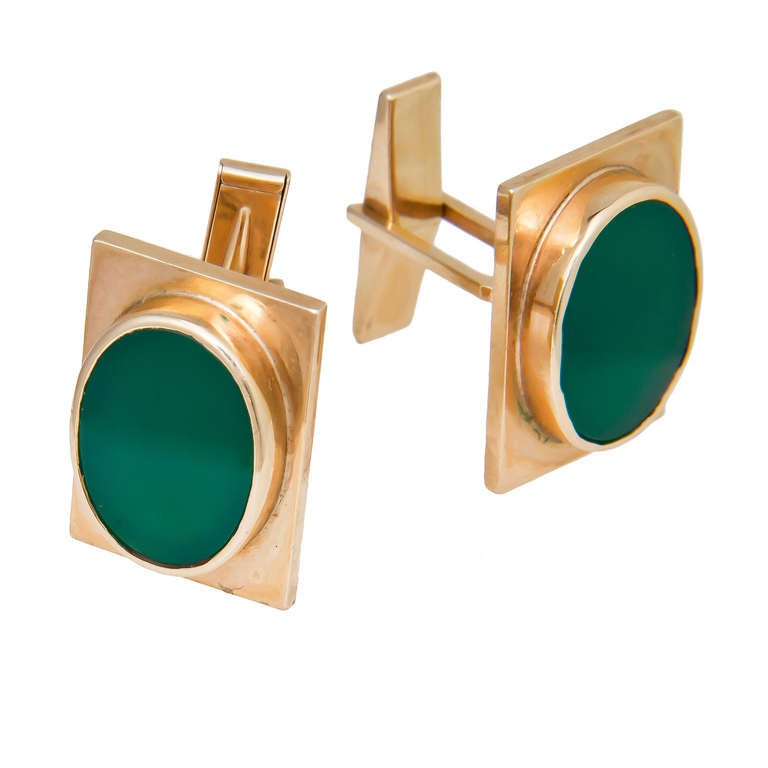 Circa: 1960 14K Yellow Gold and Chrysophrase Cufflinks by the Kalo shop Chicago. Tops measure 5/8  X  7/8 Inch