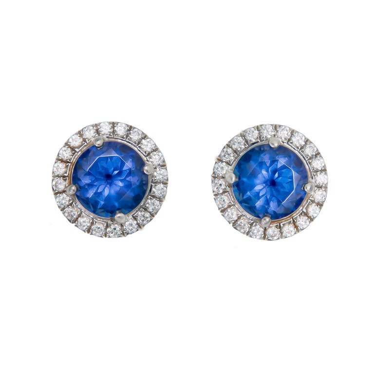 Tiffany & Company, Platinum, Diamond and Tanzanite Earrings from the Soleste Collection. Further set with .19 Carat of Diamonds the Fine Color Tanzanites weigh 1.40 Carats. Post Backs. Retail price new is $5800.00.