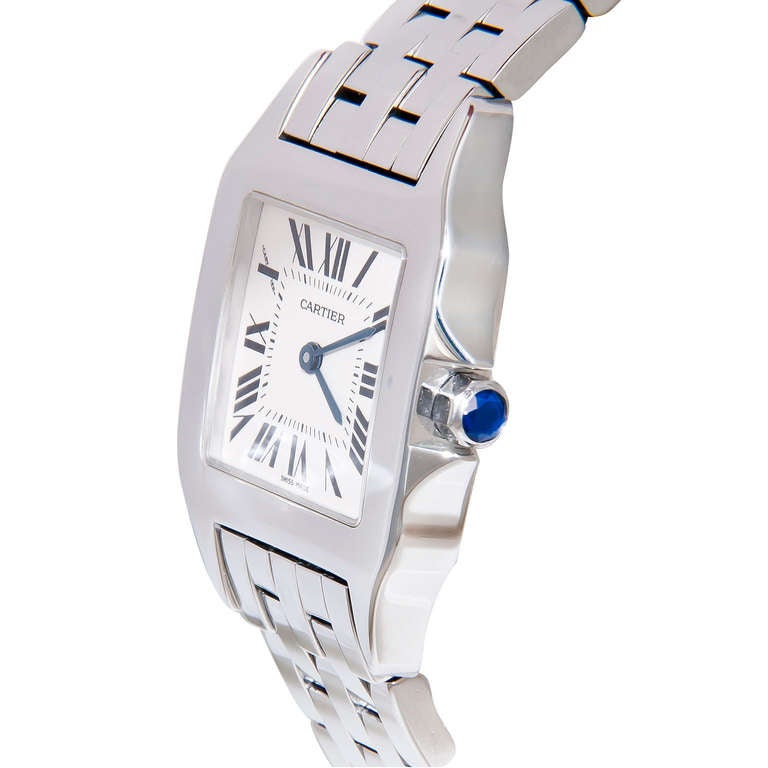 Cartier Lady's Stainless Steel Demoiselle Midsize Wristwatch, Circa 2010s. Quartz Movement, White Dial, Black Roman Numerals, Sapphire-Set Crown, Water-Resistant. High-Polished Case and Bracelet with Deployant Buckle. Bracelet Is Complete With All