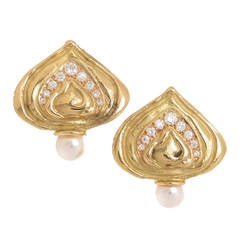 Elizabeth Gage Pearl Diamond Gold Ear Clips