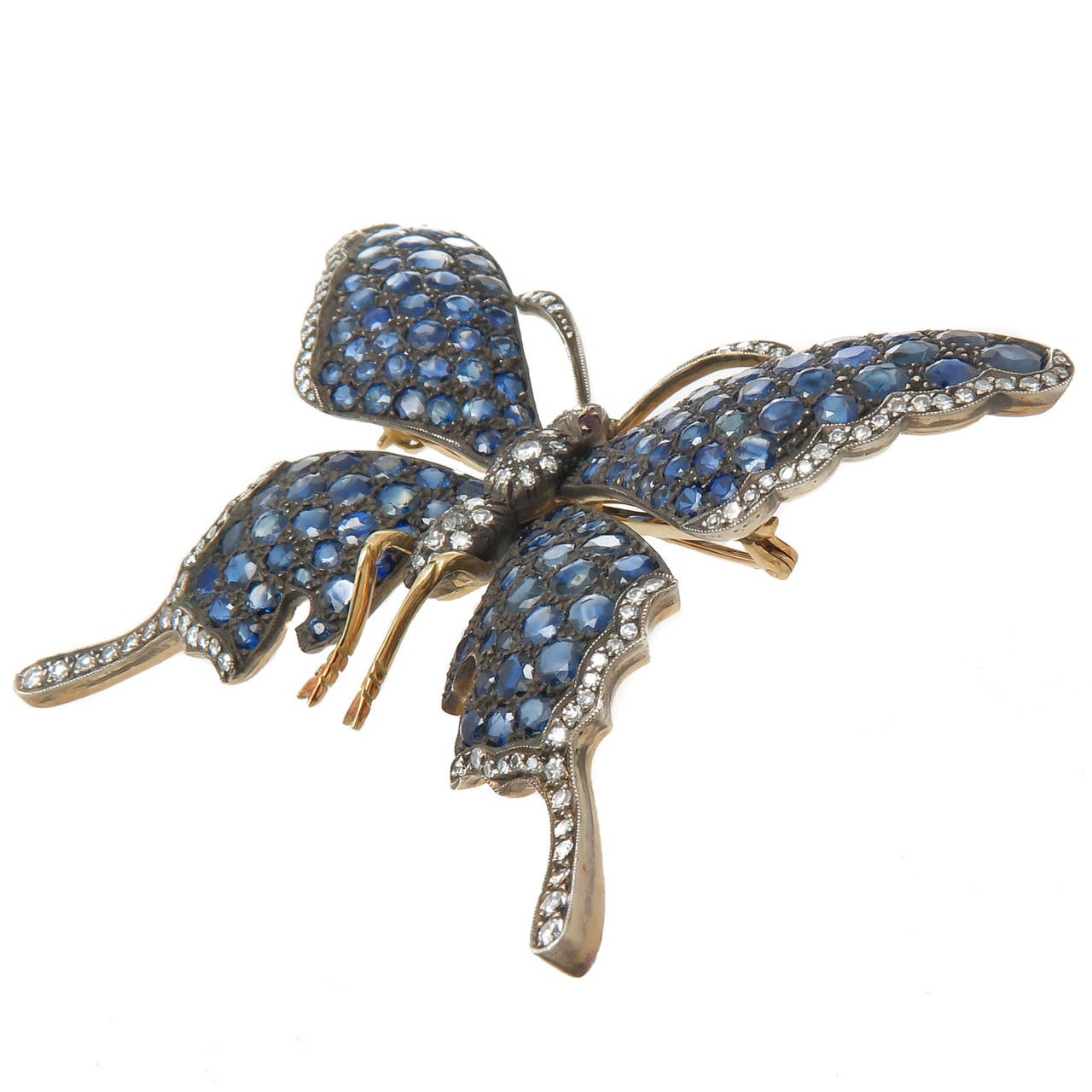Large Ruby Sapphire Diamond Silver Gold Butterfly Brooch