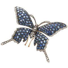 Large Ruby Sapphire Diamond Silver Gold Butterfly Brooch