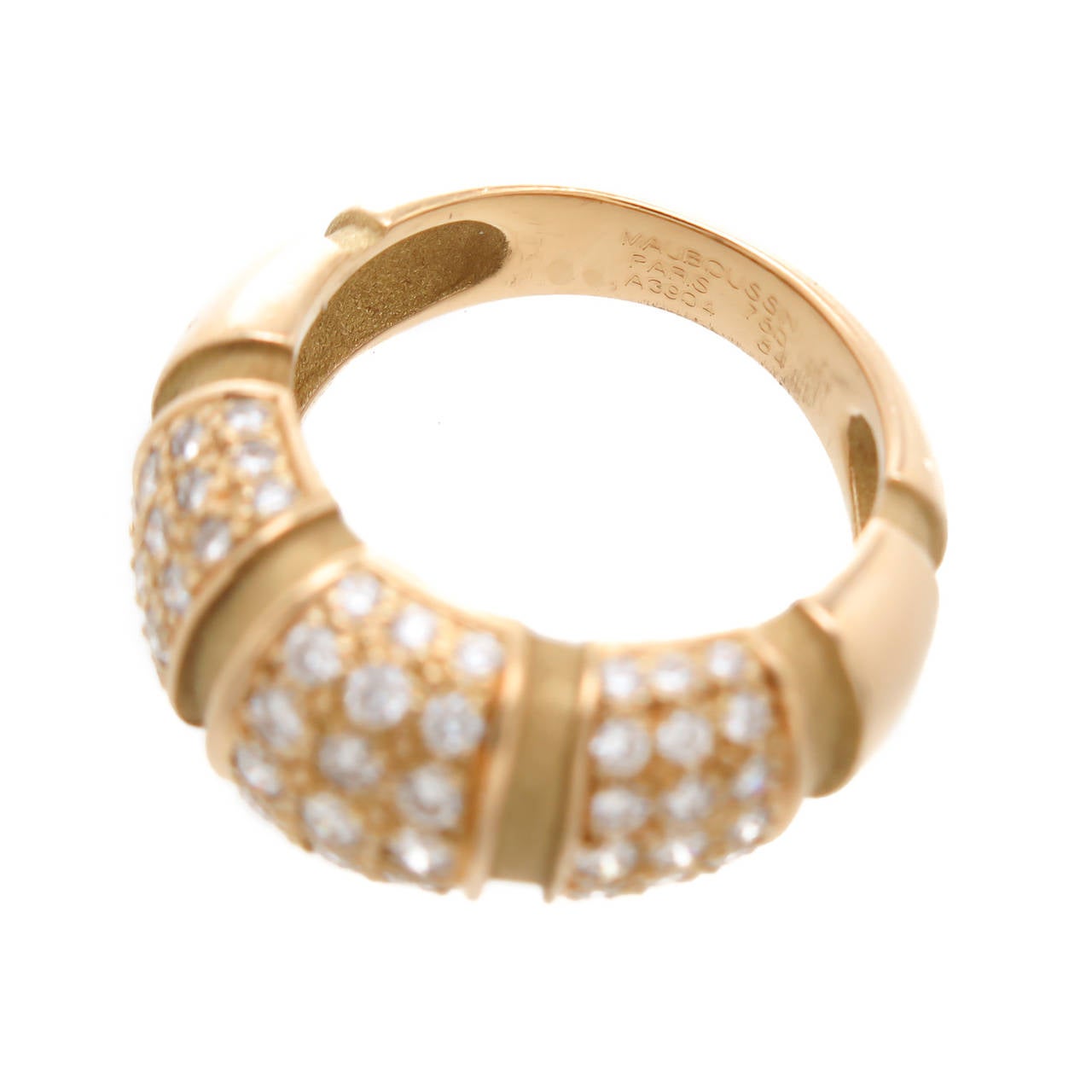 Circa 2005 Moubaussin Paris 18K Yellow Gold and Diamond Bombay Ring. Having a Ribbed Dome Design with 3 Sections set with Fine White Round Brilliant cut Diamonds totaling 2 Carats. Top measures just under 1 inch in length and 3/8 Inch wide. Signed