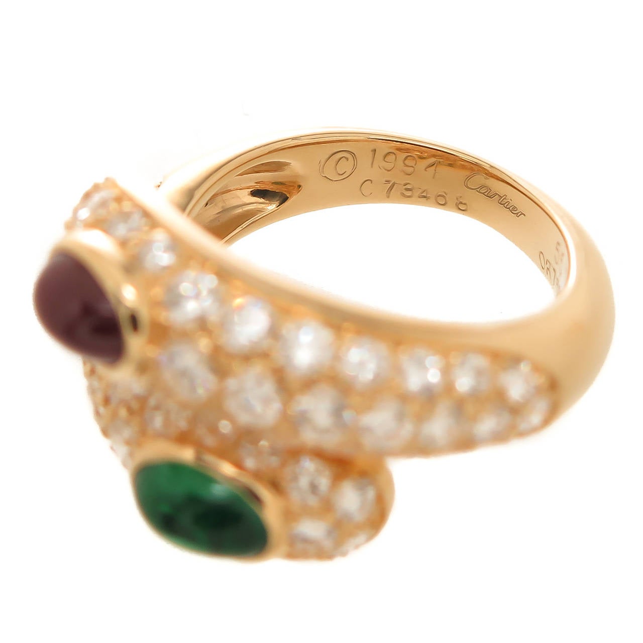 Cartier Ruby Emerald Diamond Gold Bypass Ring In Excellent Condition In Chicago, IL
