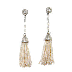 Circa 1920 Platinum Diamond and Natural Pearl Tassel Earrings