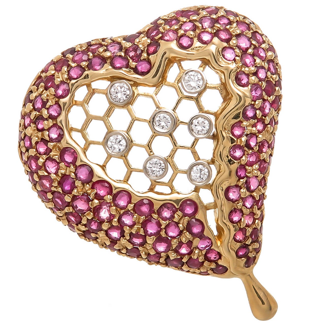 Salvador Dali The Honey Comb Heart Ruby Diamond Gold Brooch