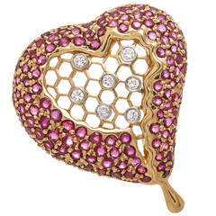Salvador Dali The Honey Comb Heart Ruby Diamond Gold Brooch