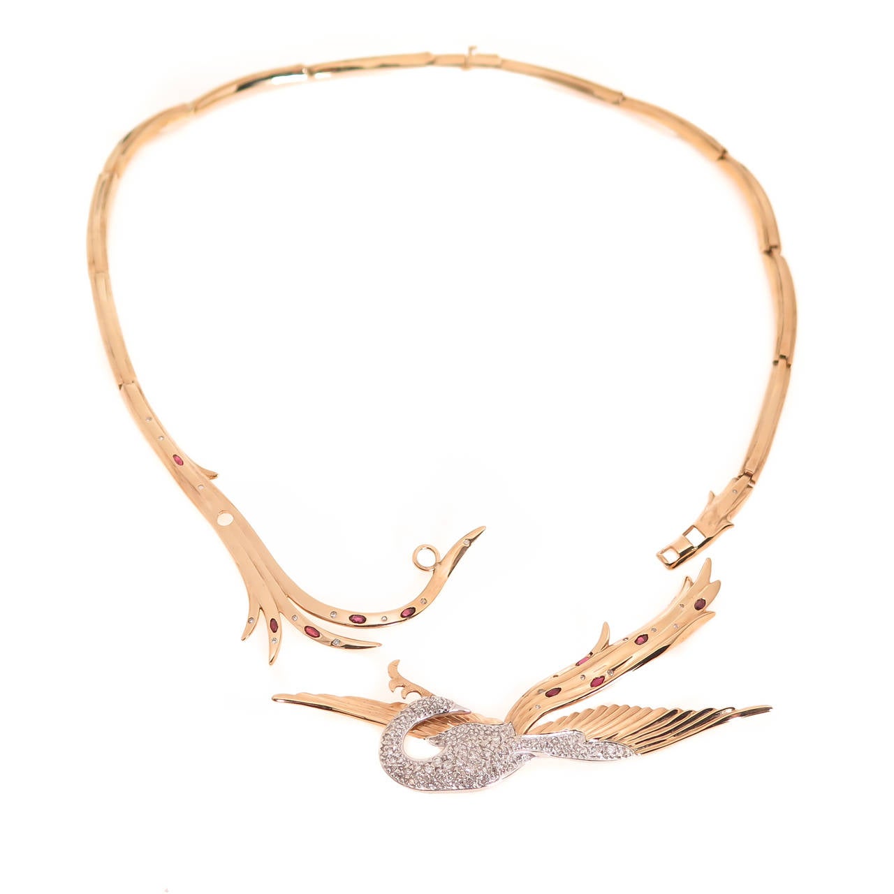 Erte Juno Ruby Diamond Gold Bird Necklace/Brooch In New Condition In Chicago, IL