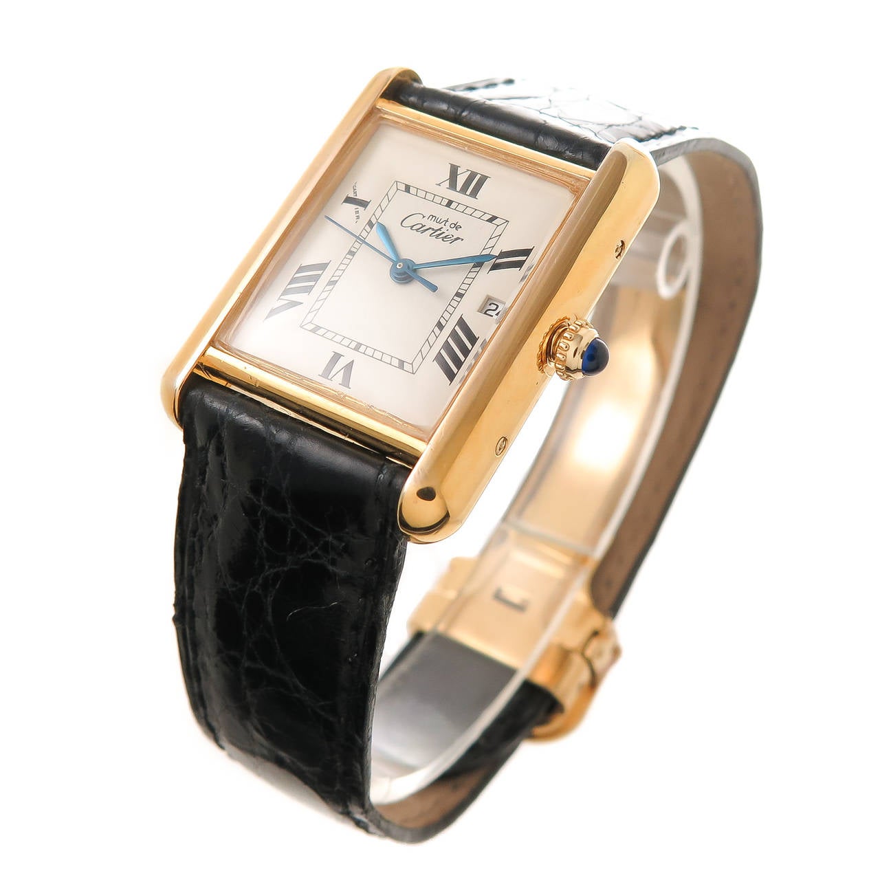 Circa 2005 Cartier Large Vermeil  Reference 2413 Tank Wrist watch, 2 piece Gold Plate Sterling Silver water resistant case measuring 1 1/4 Inch X 1 inch. Quartz Movement, sweep seconds hand and Calendar window at the 3. White Dial with Cartier C