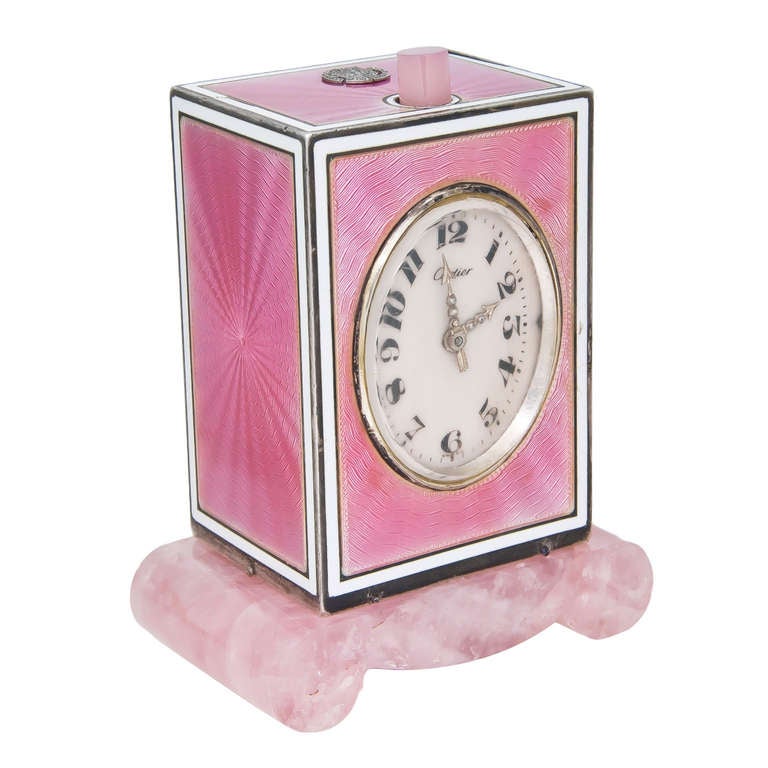 Cartier Sterling Silver and Pink Enamel Minute Repeater Desk Clock circa 1920s In Excellent Condition In Chicago, IL