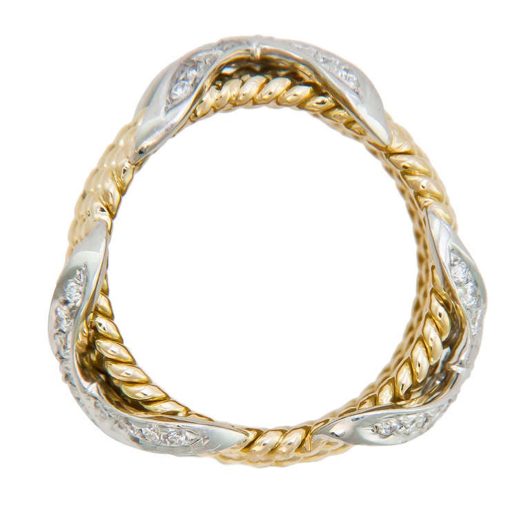 Jean Schlumberger for Tiffany & Co. 18k Yellow Gold and Platinum 6 row gold rope X Band Ring.Set with 1 Carat, Round Brilliant Cut Diamonds. Finger Size   6 1/2.