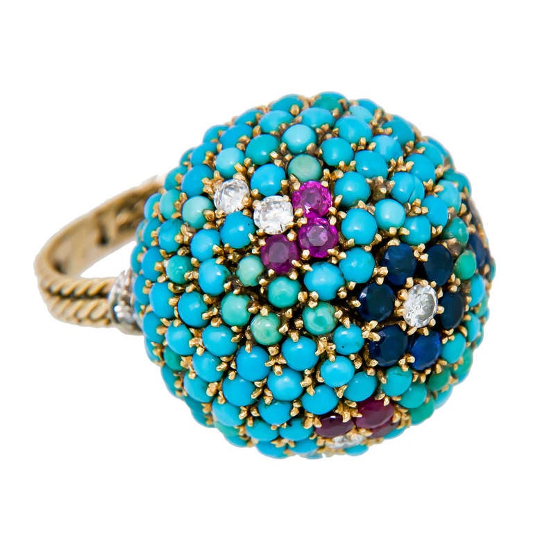 Women's Large Gold and Gem Set Petit Point Dome Ring
