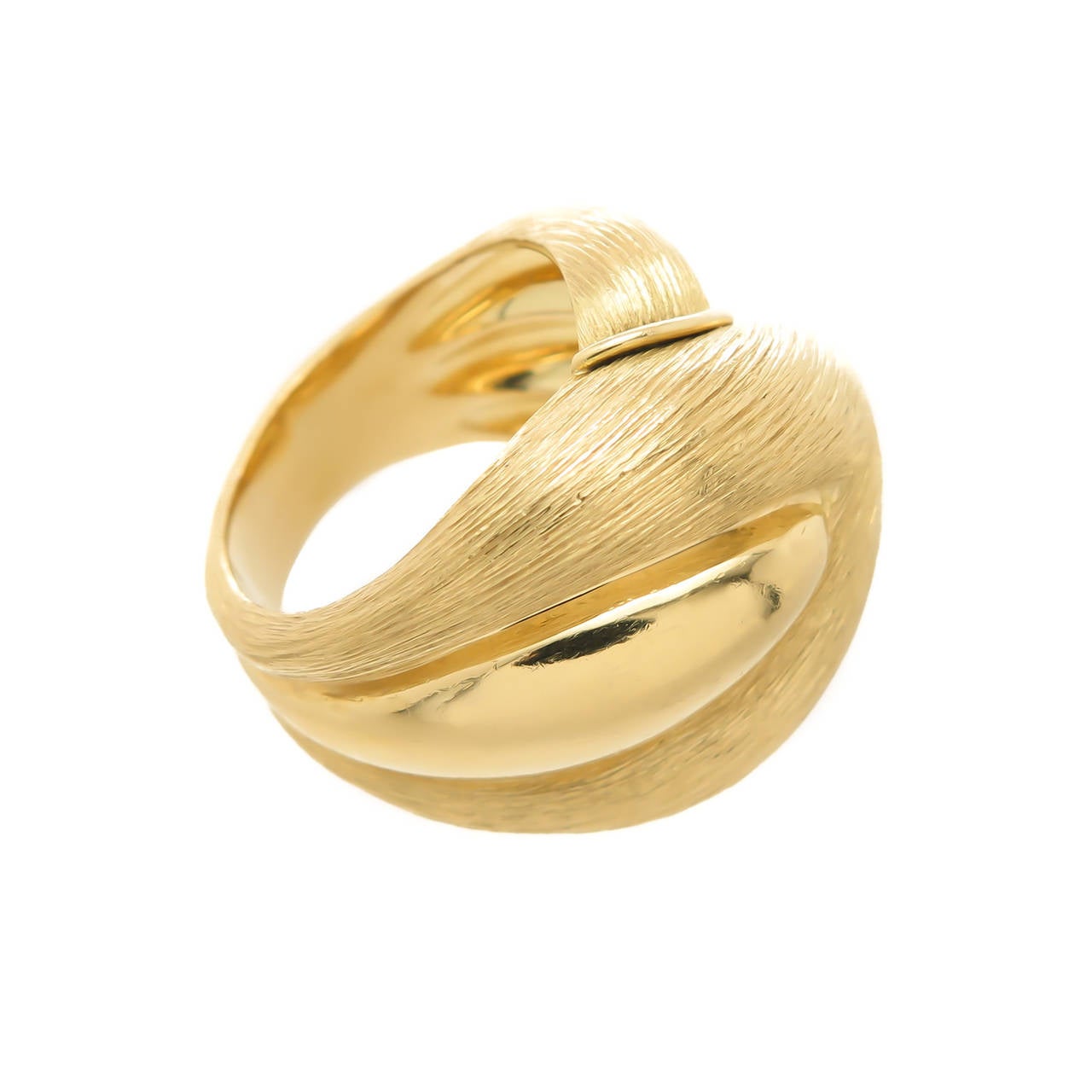 Henry Dunay 18K Yellow Gold Ring with Sabe Brushed finish.In an overlapping Design, measuring 3/4 X 1 inch across the top. Finger size = 6
