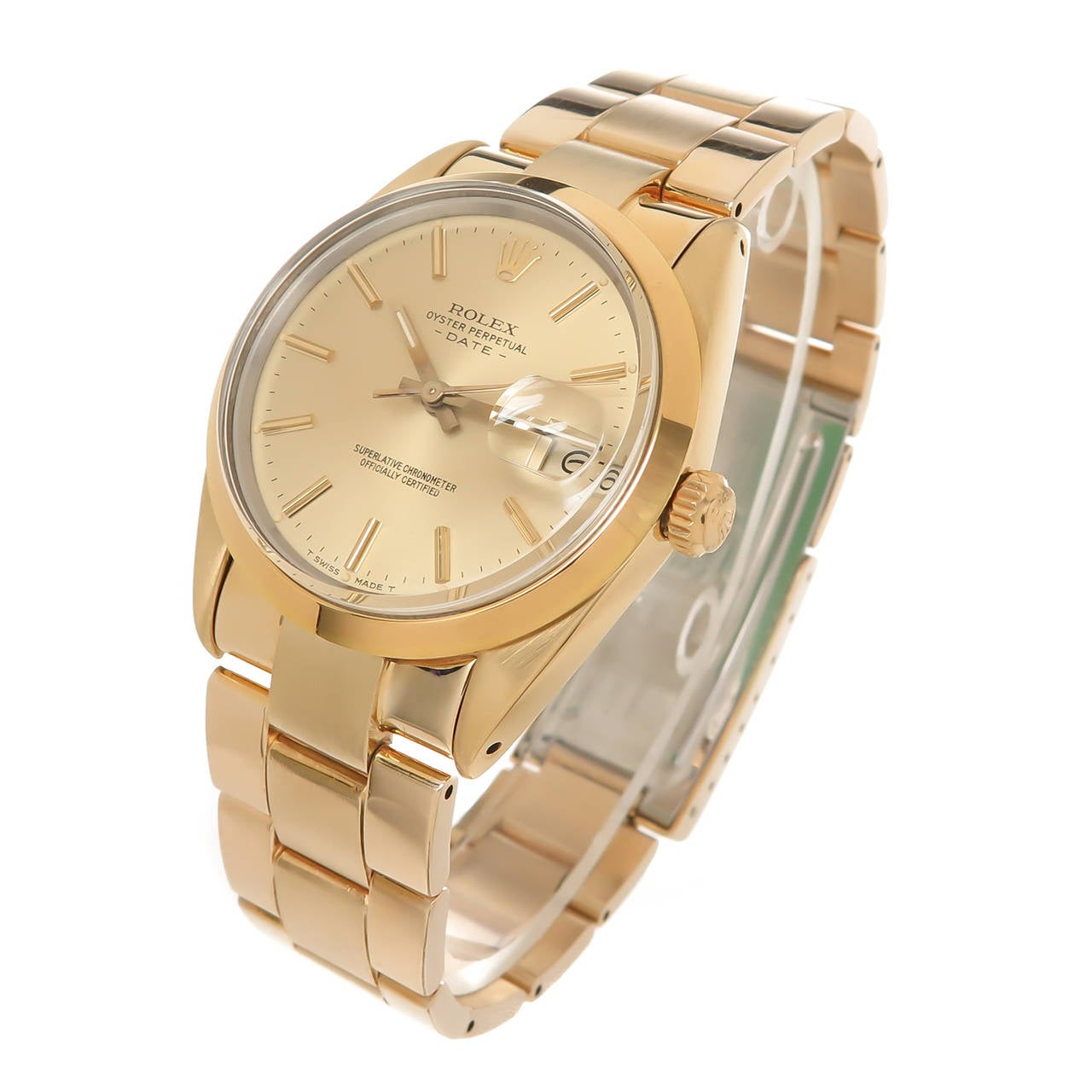 Circa 1985 Rolex Reference 15505 14K yellow Gold Shell Wrist Watch, 34 MM water proof case with Steel back and smooth Bezel. Caliber 3035, automatic, self winding movement. Gold Dial with Raised Gold markers and Calender window at the 3 position.