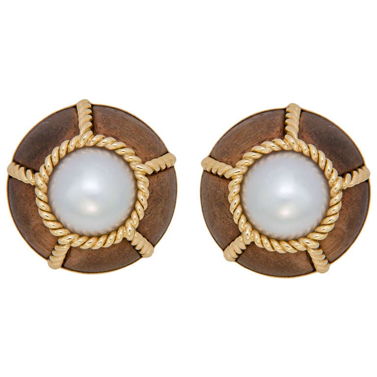 Seaman Schepps Wood and Pearl Clip Earrings