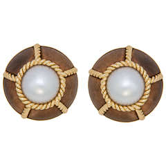 Vintage Seaman Schepps Wood and Pearl Clip Earrings