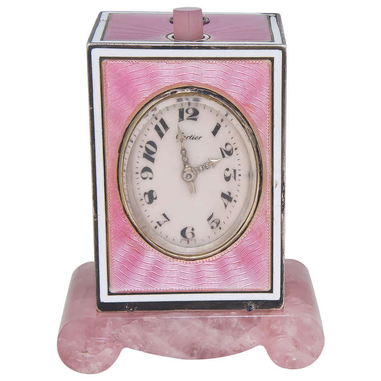 Cartier Sterling Silver and Pink Enamel Minute Repeater Desk Clock circa 1920s