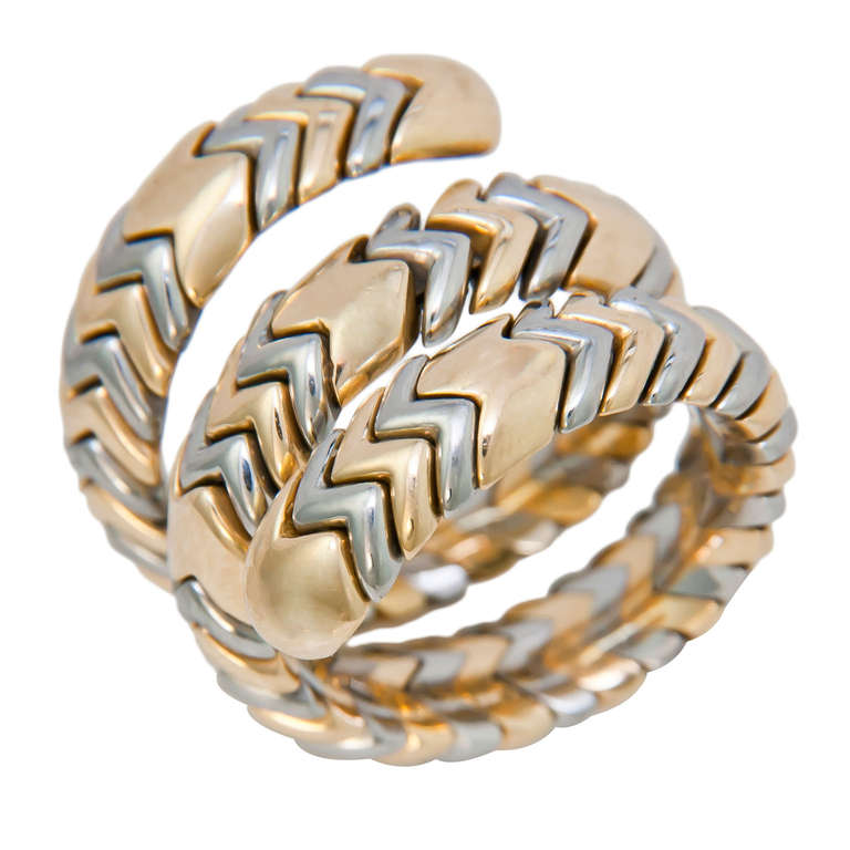 Bulgari, Spiga Collection 18K, Yellow, White and Rose Gold Flexible, coiled, Snake Ring, 3/4 inch wide, Finger Size = 6 to 8. Original Box.