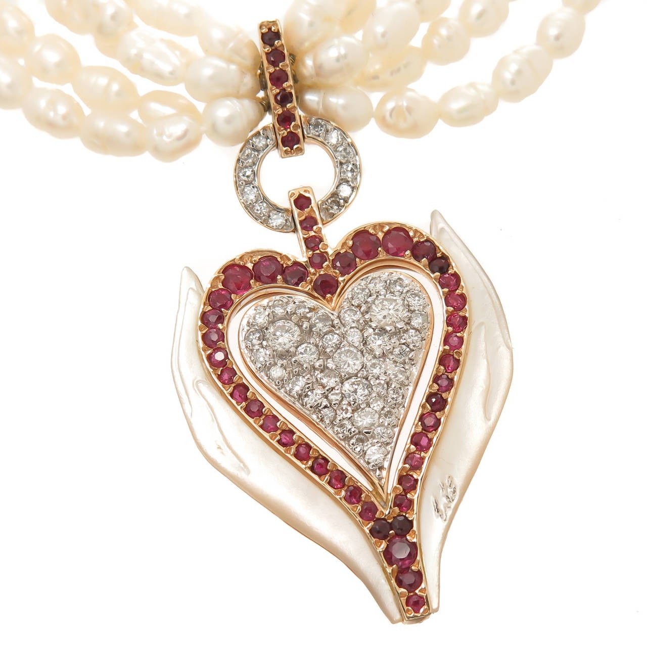 Erte Selections of the Heart Pearl Diamond Gold Necklace In Excellent Condition In Chicago, IL