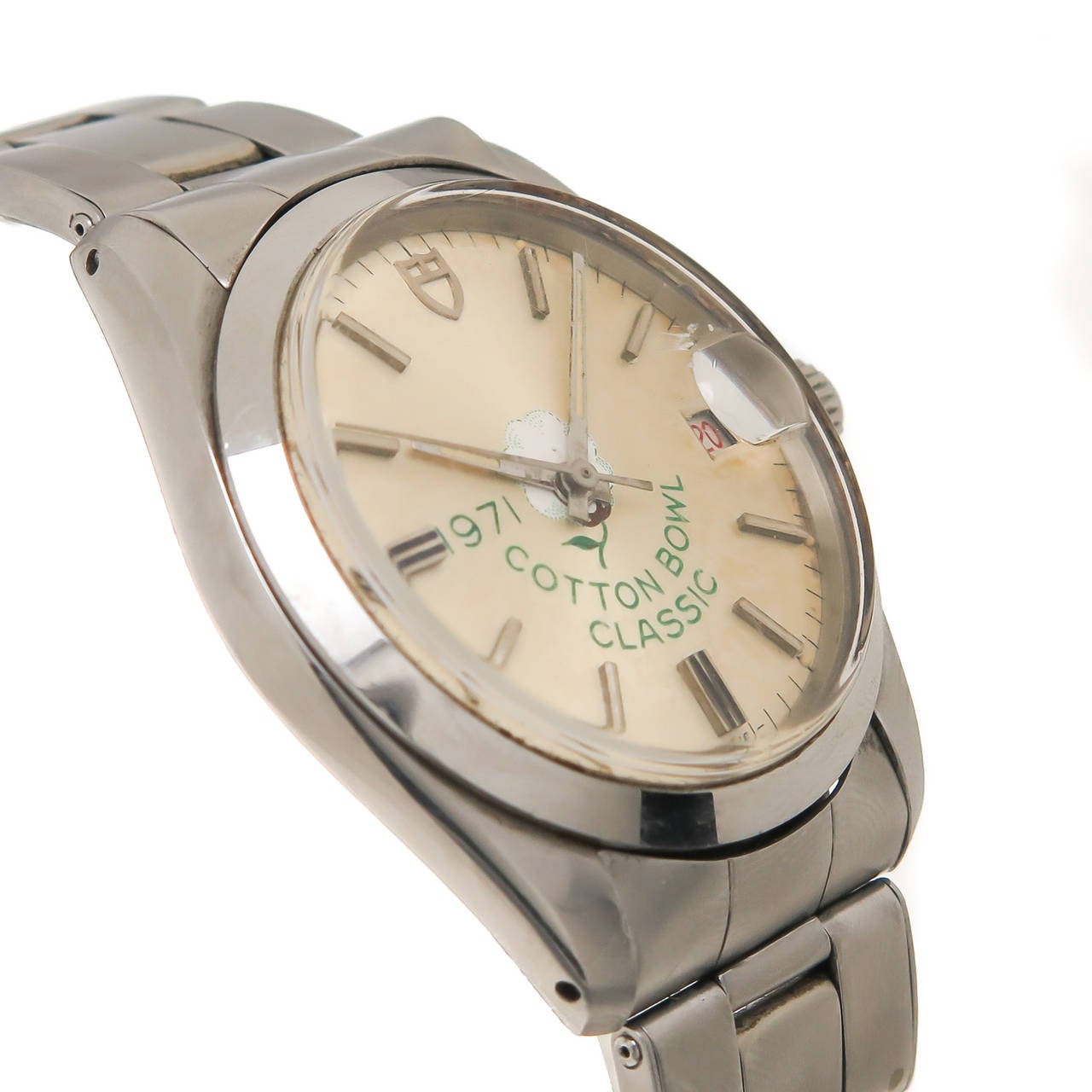 Tudor By Rolex 1971 Oyster Prince model, Cotton Bowl Classic Wrist Watch. 34 MM Stainless Steel  Water Proof Case 25 jewel Automatic, self winding movement. Acrylic crystal with bubble over the Date window at the 3 position. Silver dial with raised