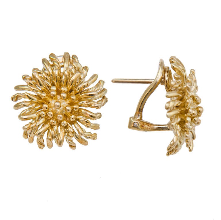 Circa 1990 18K Yellow Gold Flower Form Ear Clips, Post with Omega Clips.