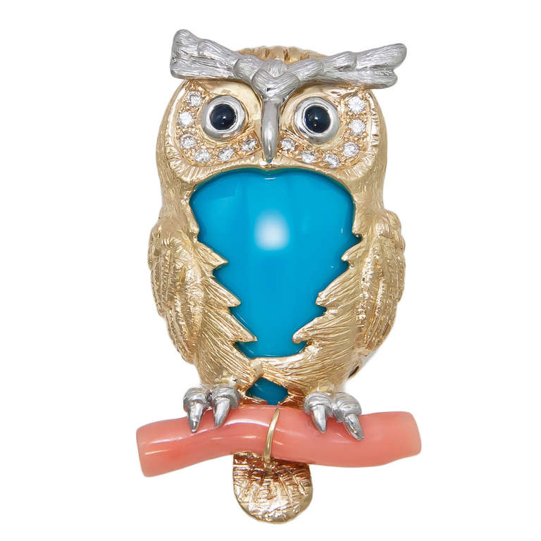 Gold and Gem Set Owl Pin Pendant
