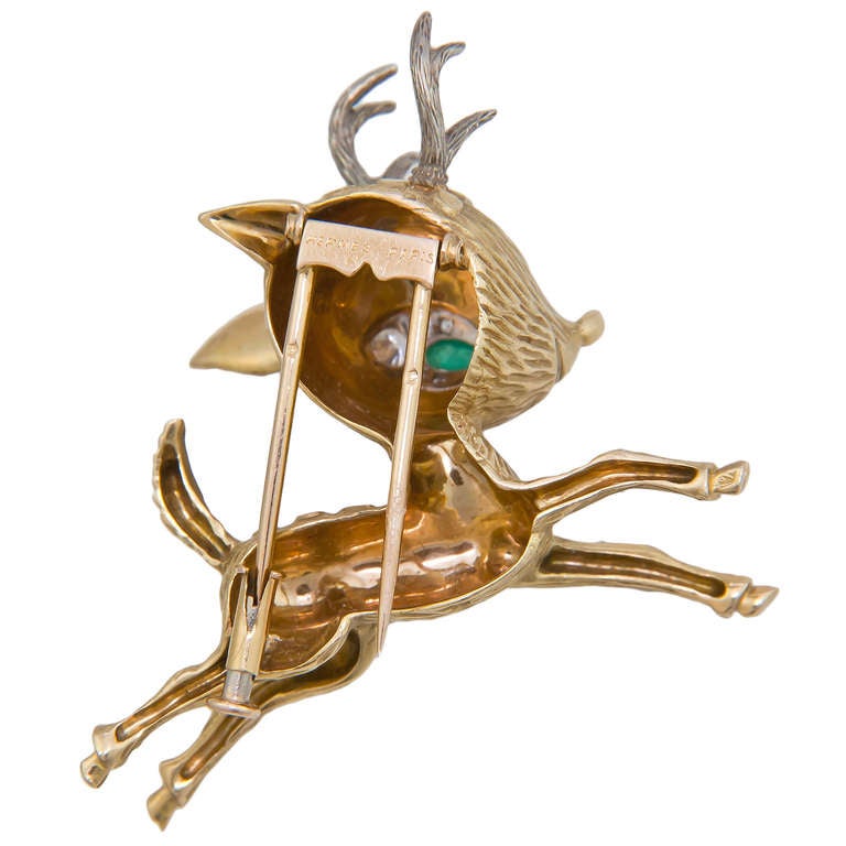 1970s Hermes Paris Gold Reindeer Clip Brooch In Excellent Condition In Chicago, IL