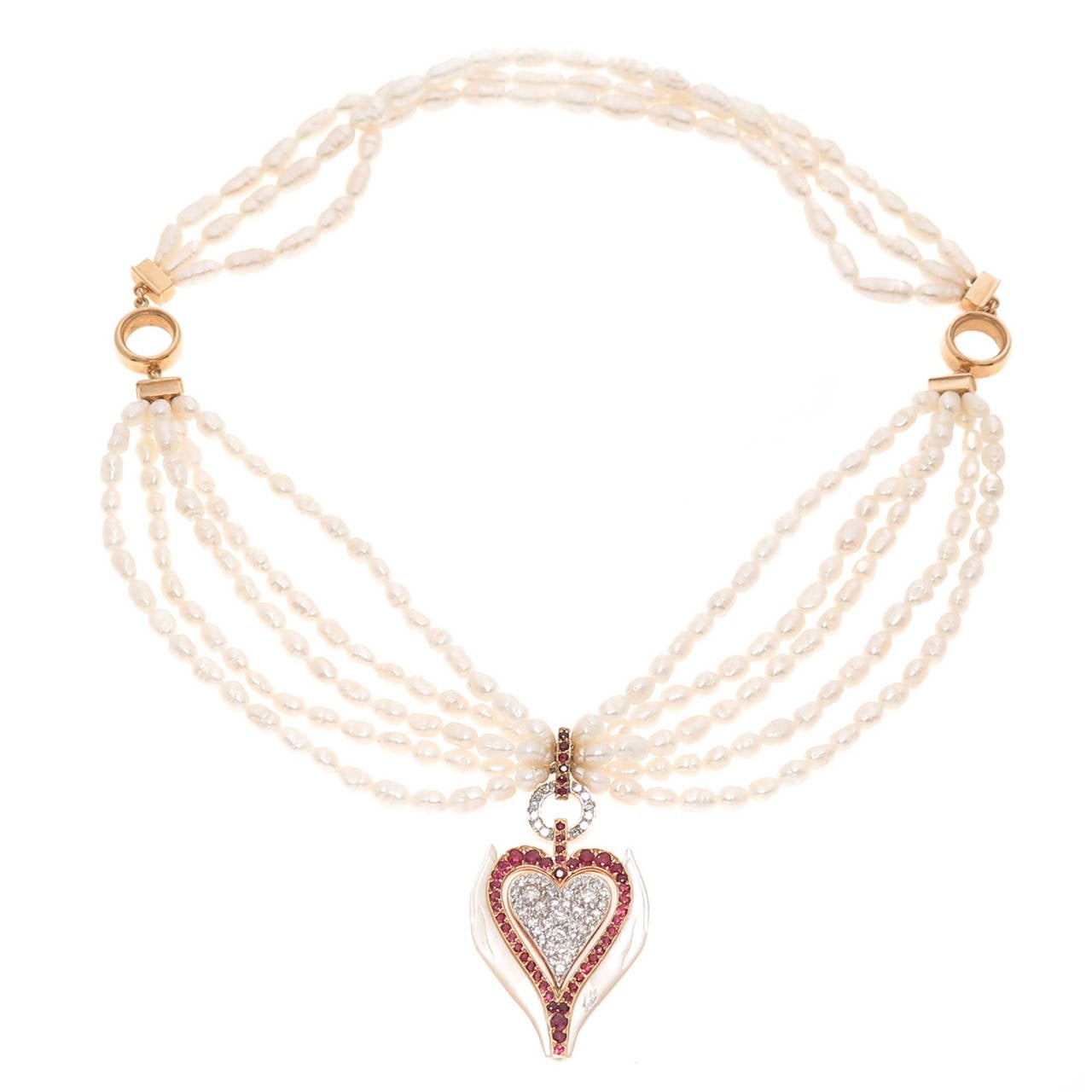 Erte Selections of the Heart Pearl Diamond Gold Necklace