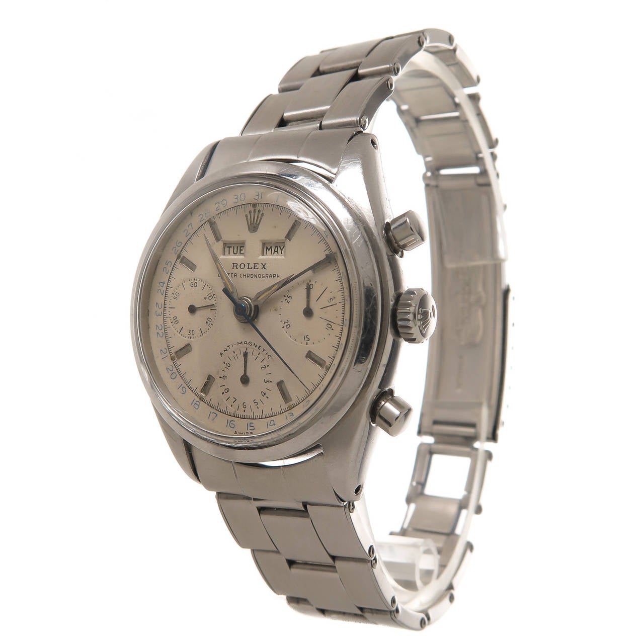 Circa 1945 Rolex  Reference 6236 ( Jean Claude Killy ) Triple Calendar, Anti Magnetic Chronograph. 35 MM 2 piece Stainless Steel Water Proof Case, Manual wind Movement. 3 Register Chronograph functions, Day and Date Apertures, white Dial with Blue