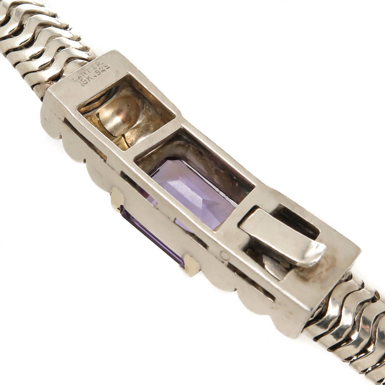 Circa 1980s Cartier Sterling Silver and 18K Yellow Gold thick Snake style Necklace, centrally set with a very fine color step cut Amethyst. measuring 15 1/2 inch in length and 3/8 inch wide.