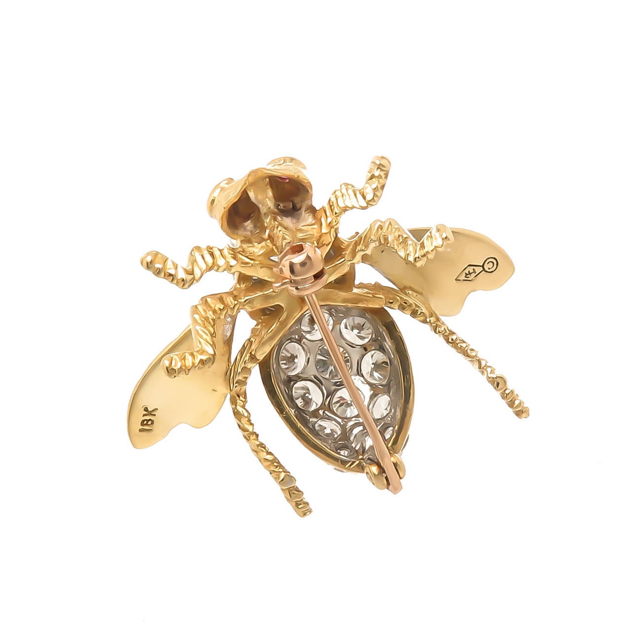 Circa 1980s Herbert Rosenthal 18K Yellow Gold and Diamond Bee Brooch, measuring 1 1/8 inch in length and 1 1/4 inch wide. set with round Brilliant cut Diamonds that are G in color and VS in clarity and total  3 carats. Nicely detailed with a