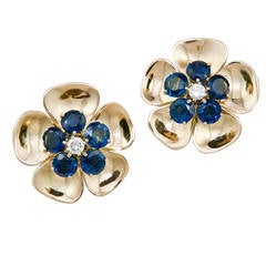 Sapphire Diamond Gold Flower Form Earrings at 1stDibs