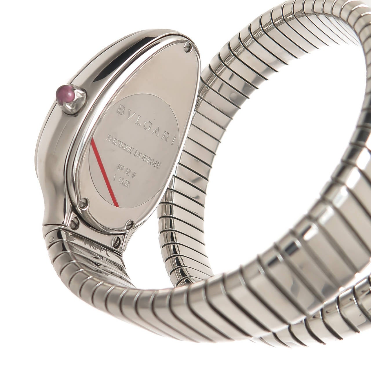 Circa 2014 Bulgari Serpenti collection Wrist Watch. Stainless Steel Tubogas flexible Bracelet. watch measures 35 MM and is 9 MM thick. Quartz movement, silver sunburst dial with raised Steel markers. Scratch resistant sapphire crystal and Pink