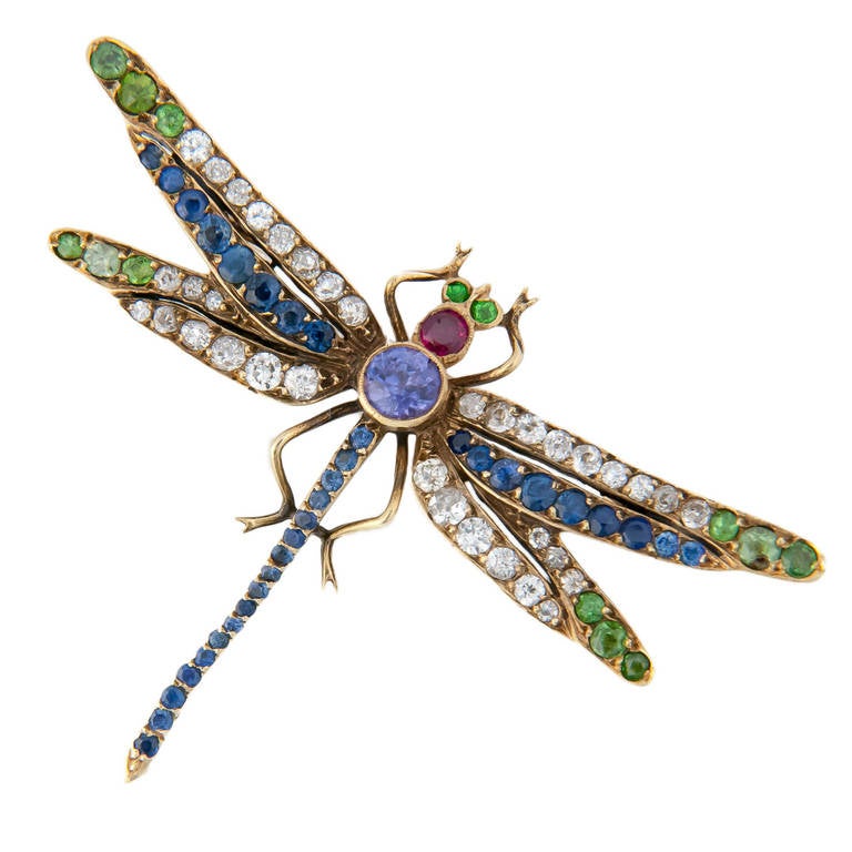 Art Nouveau Gem Set Gold Dragonfly Brooch