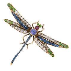 Antique Art Nouveau Gem Set Gold Dragonfly Brooch