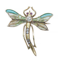 Antique Art Nouveau Plique Enamel Gem Set Gold Dragonfly Brooch