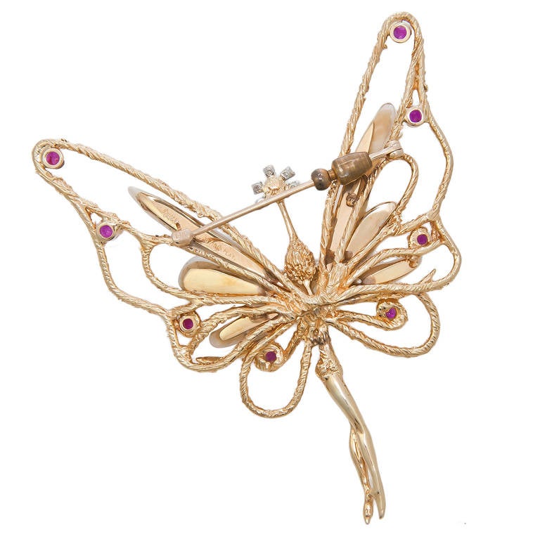 Ruser Pearl Ruby Sapphire Diamond Gold Winged Fairy Brooch